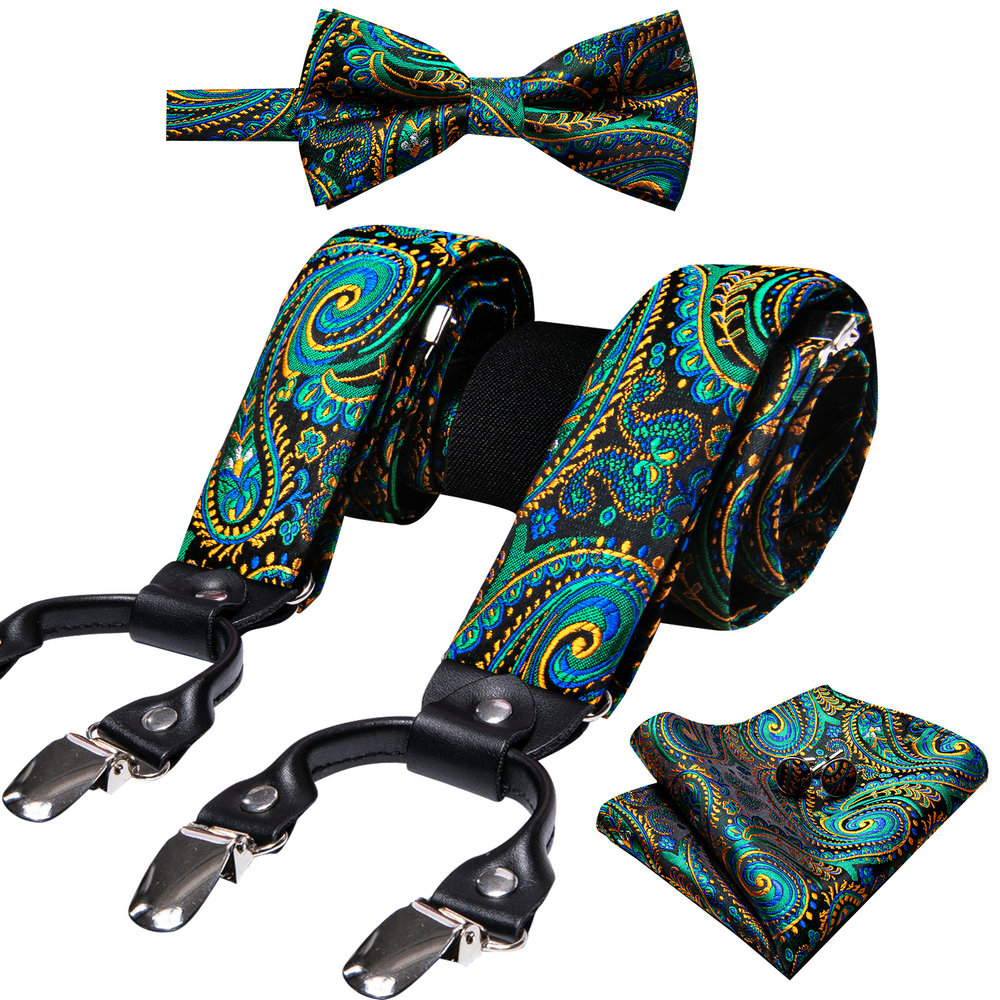 Suspenders Clip Men - Fashion Paisley Green Silk Men Suspender