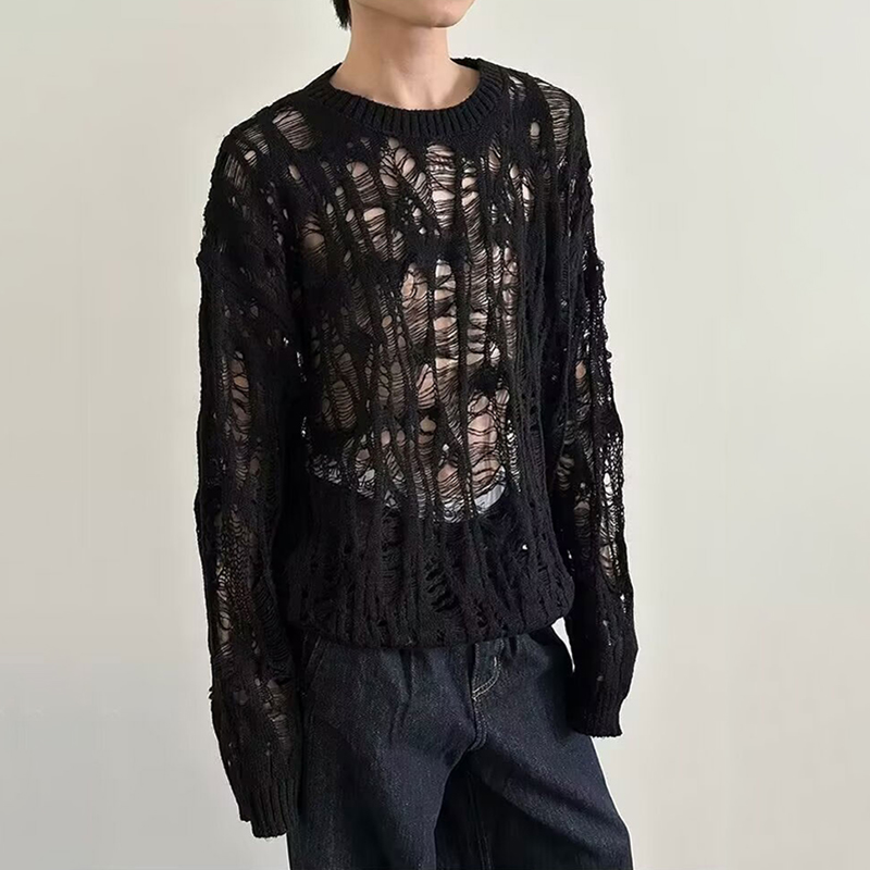 Vintage Ripped Hollow Out Mesh - đánh giá và giá Turtleneck Sweater Men