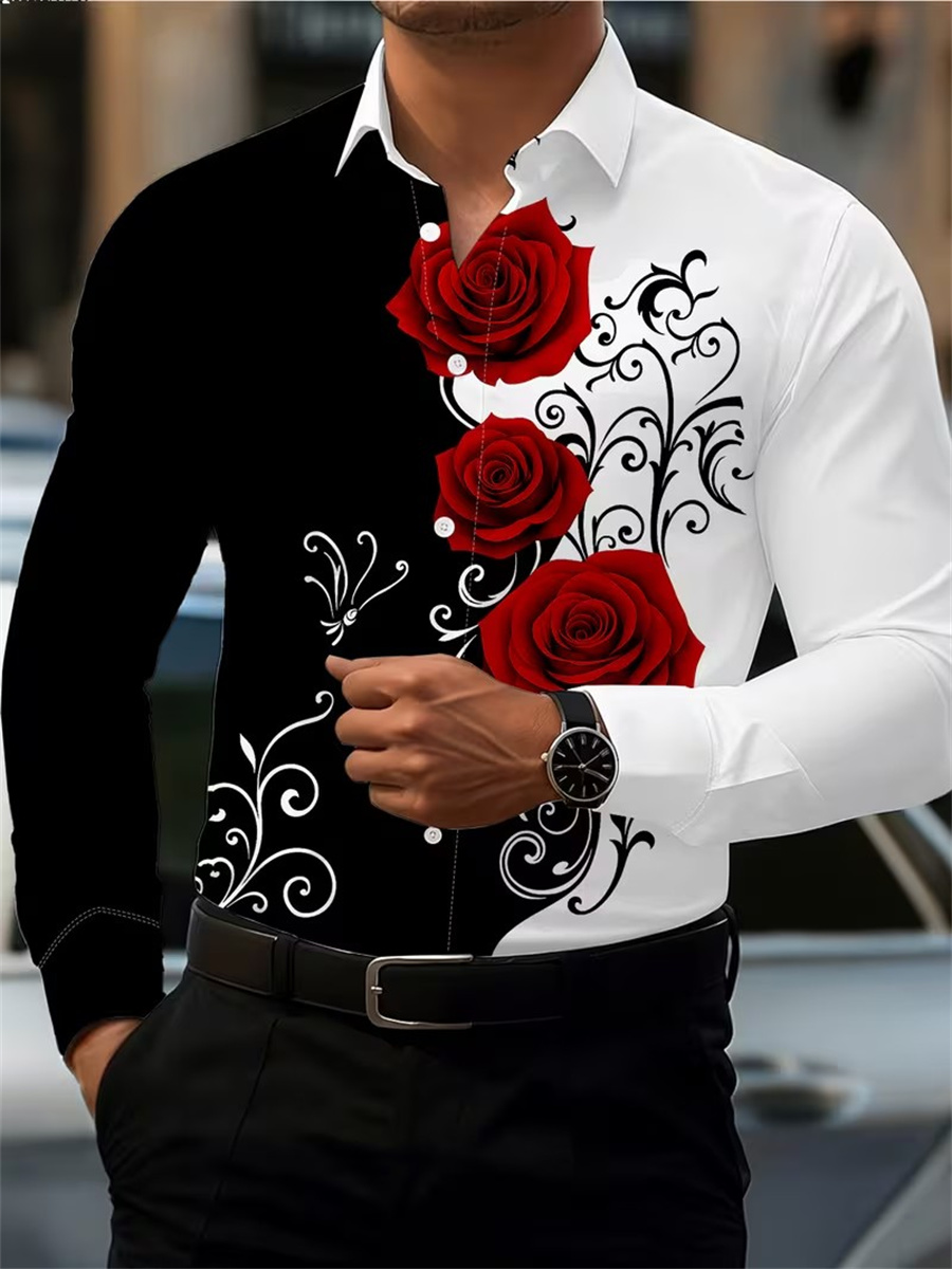 Men's Red Rose Print Long-Slee - đánh giá và giá Mens Fashion Casual
