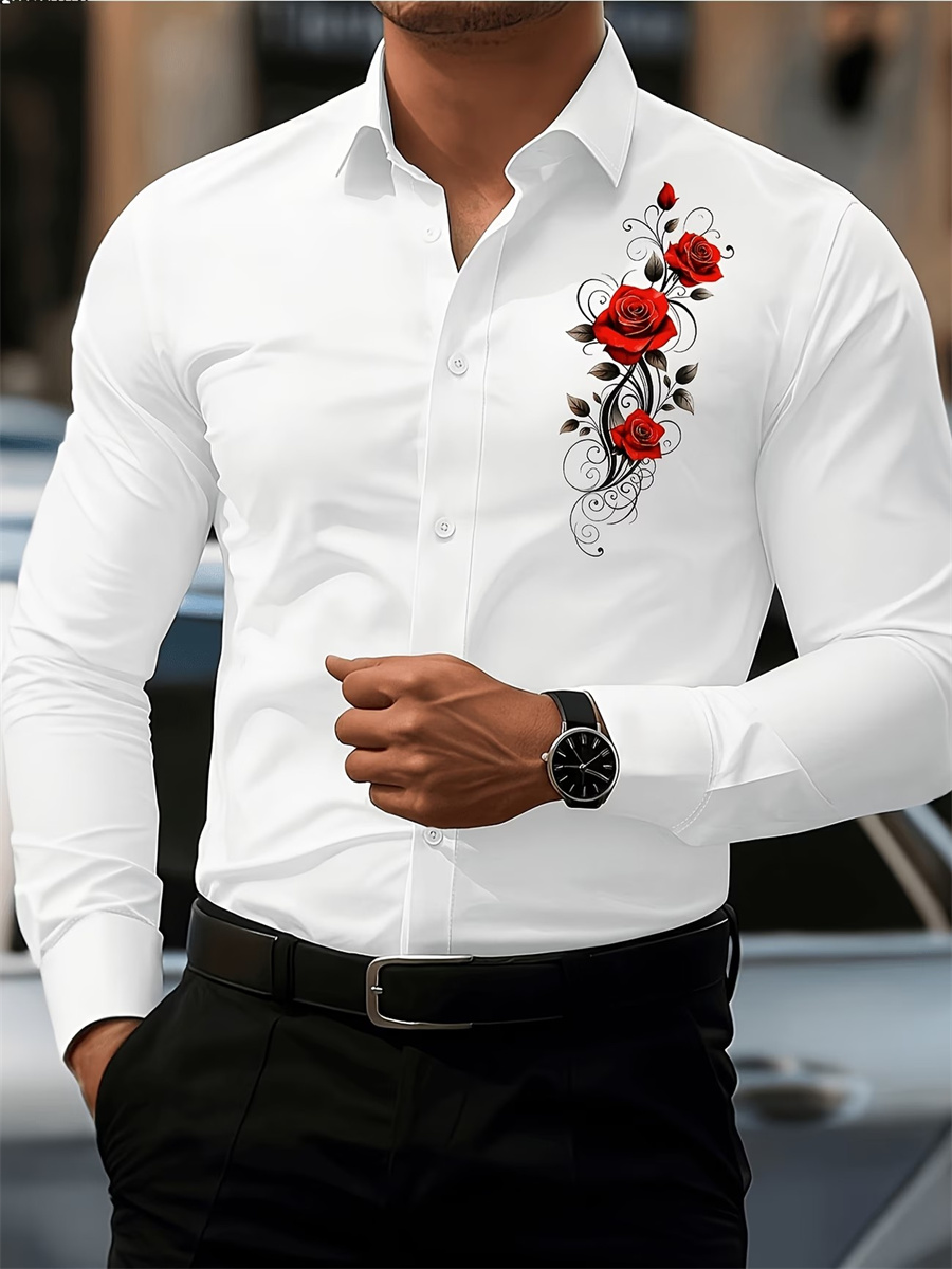 Men's Red Rose Print Long-Slee - đánh giá và giá Mens Fashion Casual