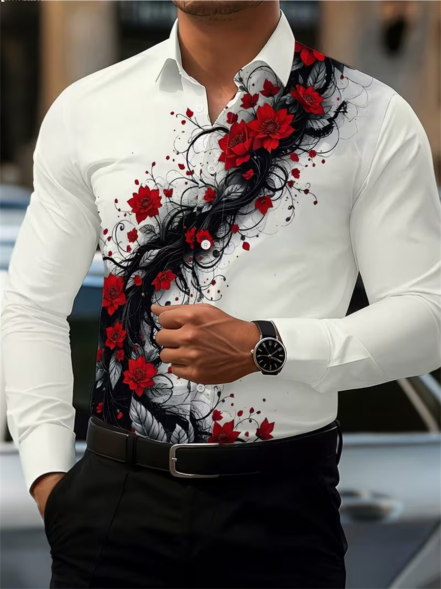 Men's Red Rose Print Long-Slee - đánh giá và giá Mens Fashion Casual